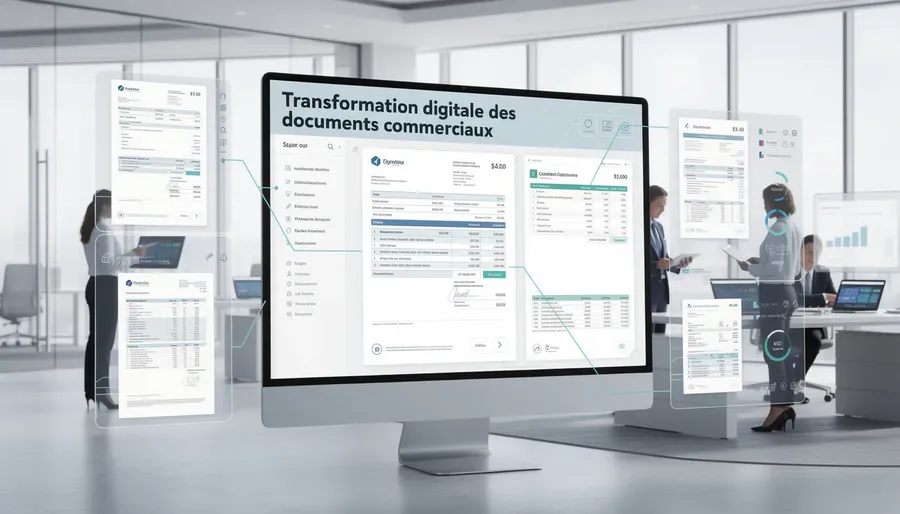 L'image illustre la transformation digitale des documents commerciaux, mettant en avant des écrans affichant des données structurées et des factures électroniques. Ce processus vise à améliorer la transmission des données entre entreprises, en facilitant la facturation et le e-reporting pour les entreprises établies en France.