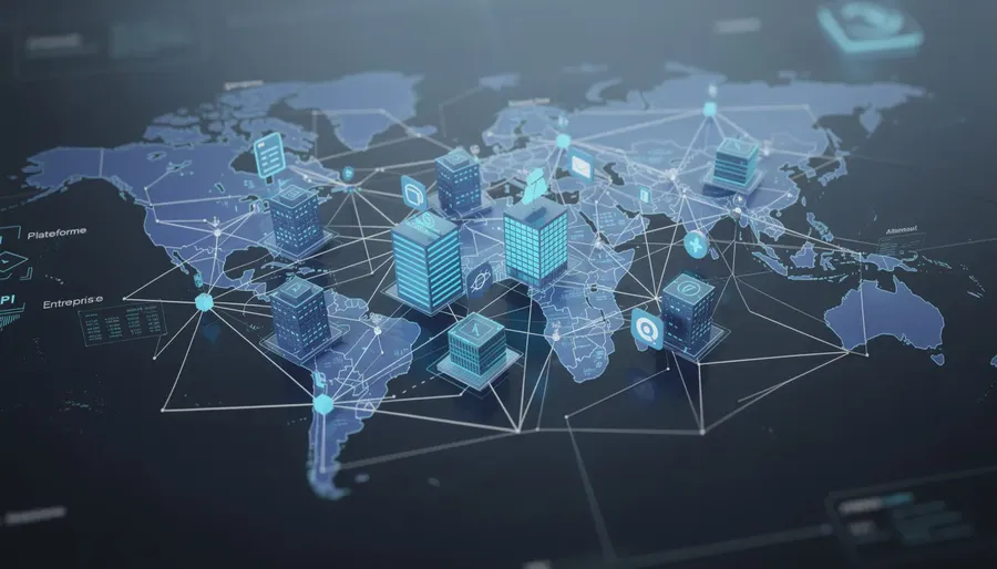 L'image représente un réseau interconnecté de plateformes digitales et d'entreprises, illustrant la collaboration entre agences web, e-commerce et entreprises françaises. On y voit des éléments symbolisant la facturation électronique et la transmission des données en temps réel, mettant en avant l'importance d'une stratégie digitale efficace pour les micro entreprises et les grandes entreprises établies en France.