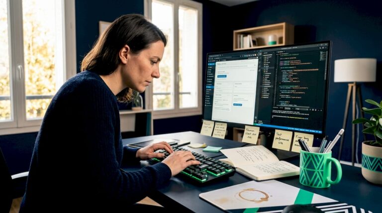 Développeur web en pleine comparaison de différentes solutions de sites internet à son bureau