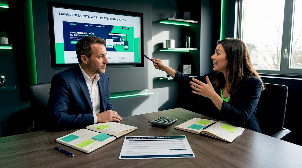 Un client échange avec un consultant au sujet du budget à prévoir pour la création d’un site sur mesure.