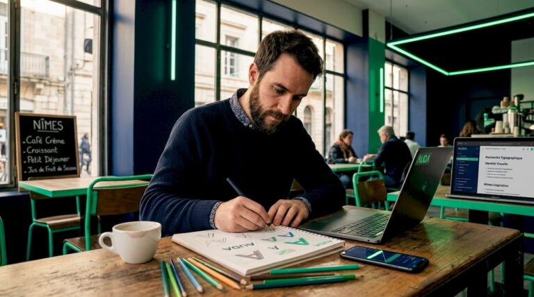 Installé dans son bureau à la maison, un graphiste laisse libre cours à son imagination en esquissant différents concepts de logos.