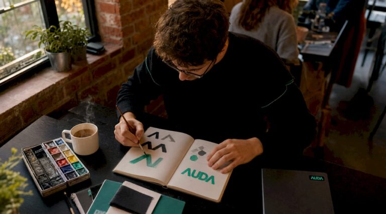 Un graphiste esquisse un logo dans son carnet de croquis.