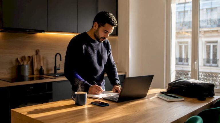 Dirigeant de petite entreprise concentré sur son travail dans un bureau baigné de lumière naturelle.