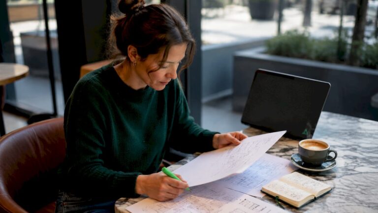 Une femme passe en revue le cahier des charges d’un projet de site internet.