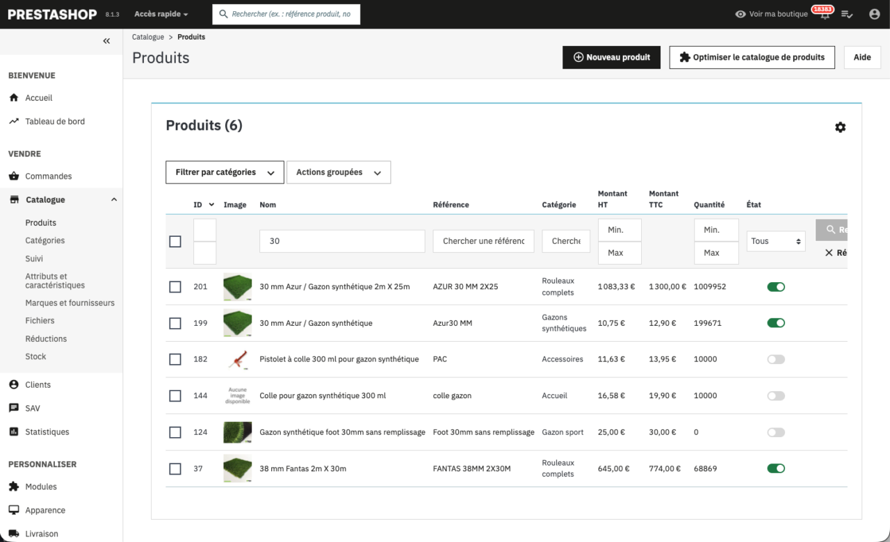 Interface d'administration de Prestashop pour la gestion des produits.