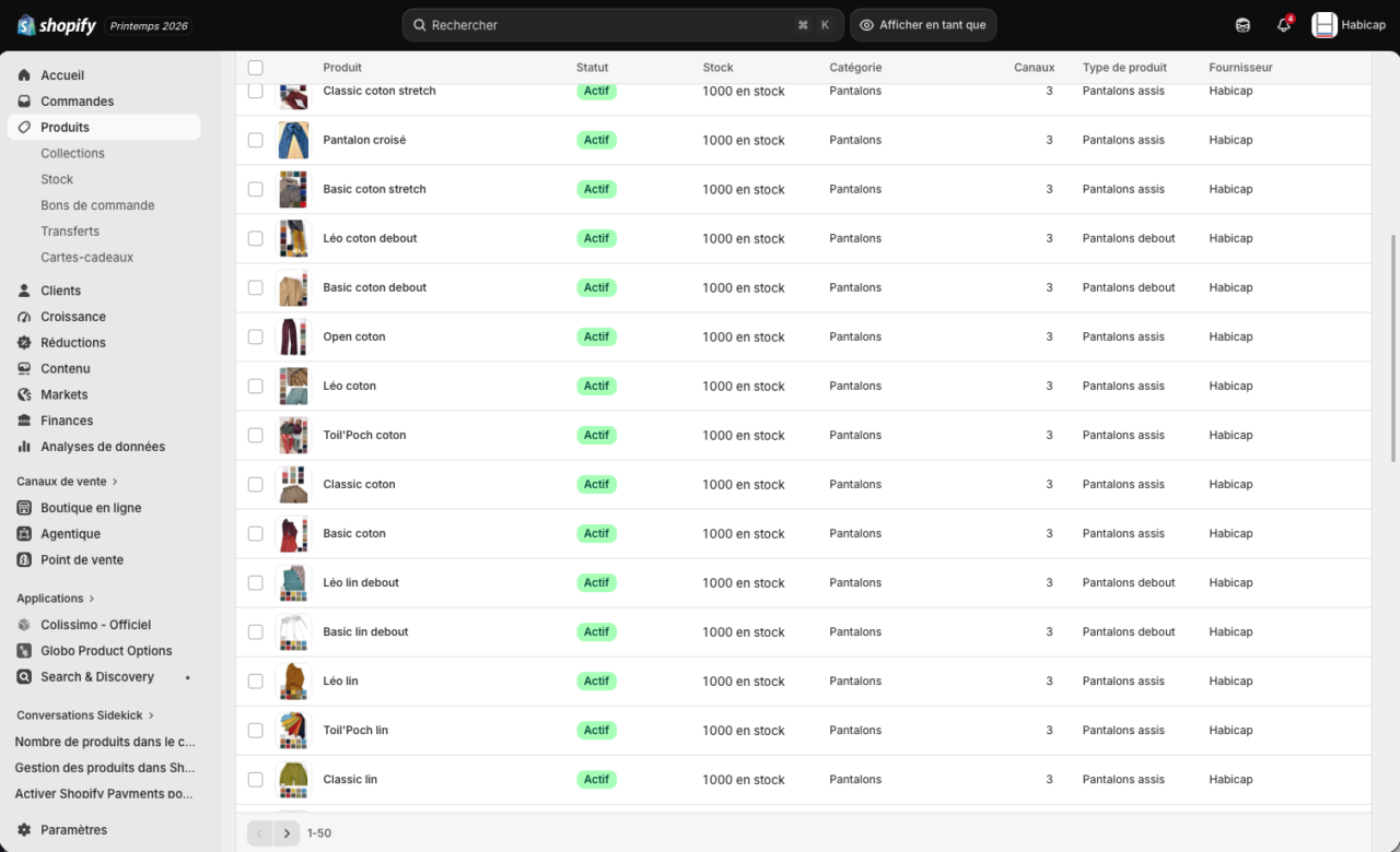 Aperçu de l'interface de gestion des produits Shopify. 