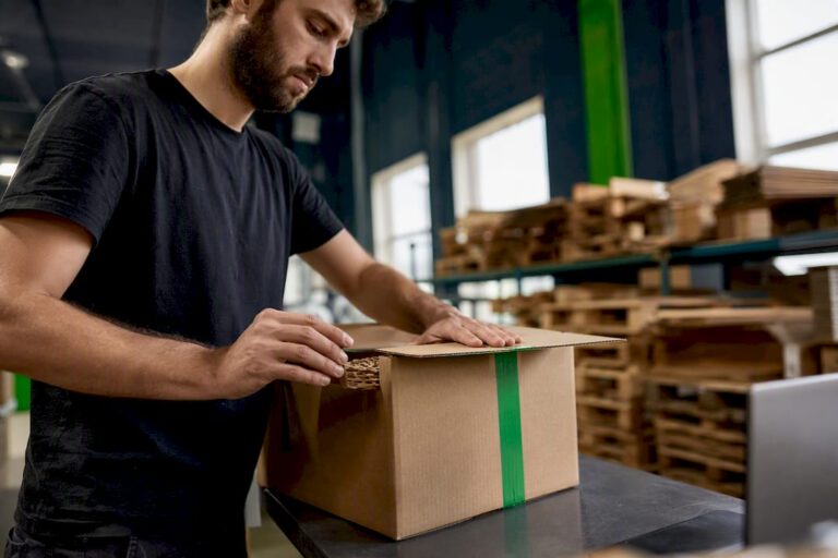 Mains emballant un colis e-commerce dans un entrepôt