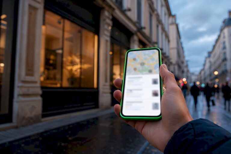 Recherche locale sur smartphone devant un commerce à Lyon