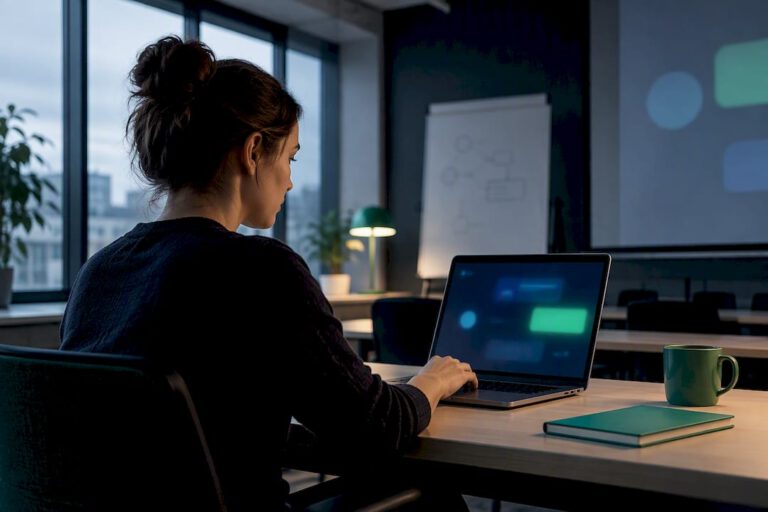 Employée utilisant un assistant interne