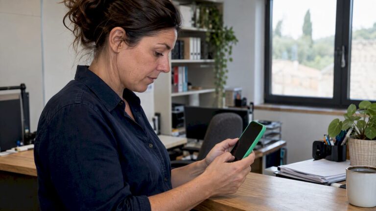 Femme dirigeante consultant son site sur smartphone
