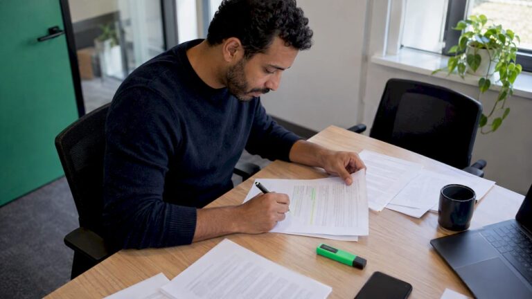 Responsable en train de réviser un projet de charte sur l'IA