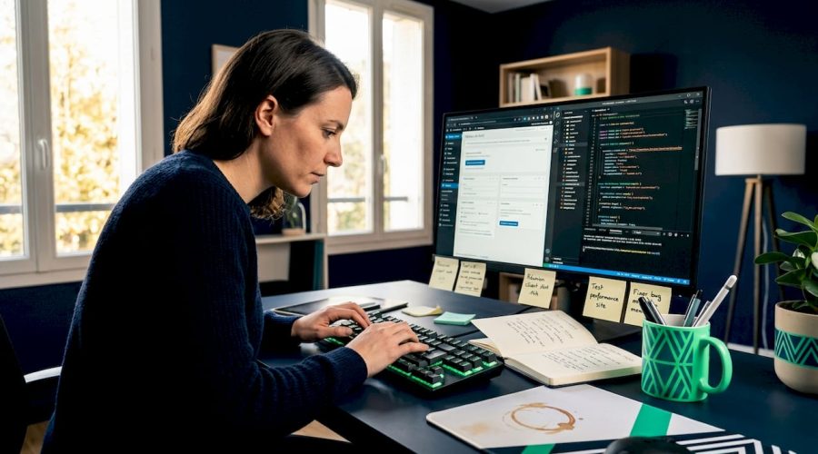 Développeur web en pleine comparaison de différentes solutions de sites internet à son bureau