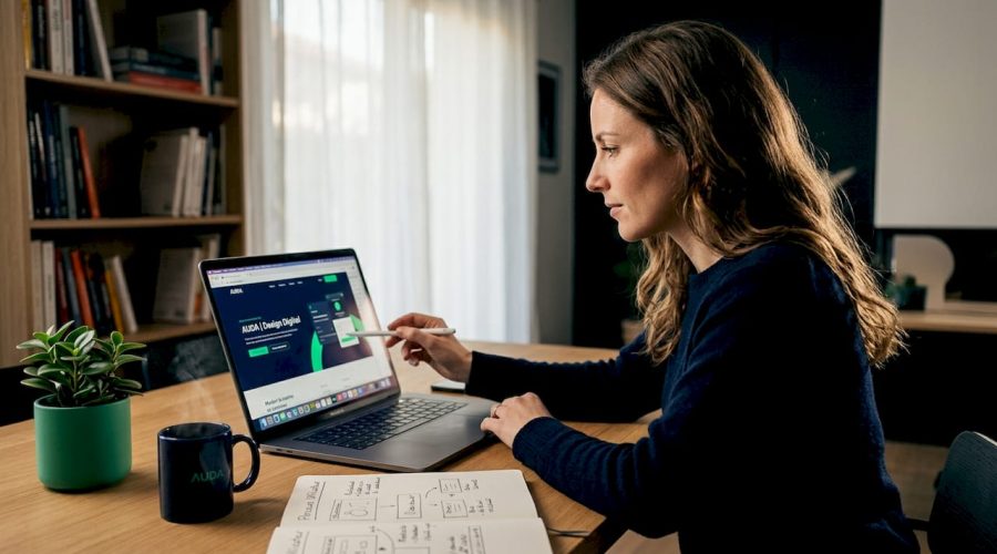 Depuis son bureau à domicile, un webdesigner passe en revue la maquette d’un site internet.