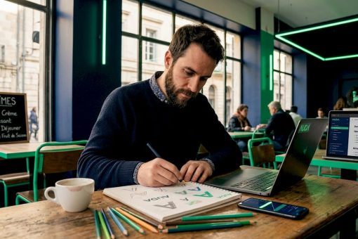 Installé dans son bureau à la maison, un graphiste laisse libre cours à son imagination en esquissant différents concepts de logos.