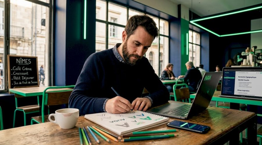 Installé dans son bureau à la maison, un graphiste laisse libre cours à son imagination en esquissant différents concepts de logos.