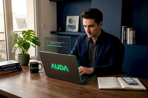 Un chef d’entreprise effectue une sauvegarde de ses fichiers sur son ordinateur, installé dans son bureau.
