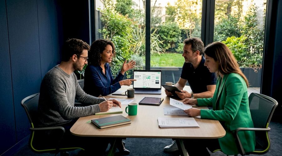 Des professionnels échangent autour d’une table sur un projet d’agence web.