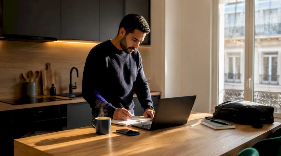 Dirigeant de petite entreprise concentré sur son travail dans un bureau baigné de lumière naturelle.