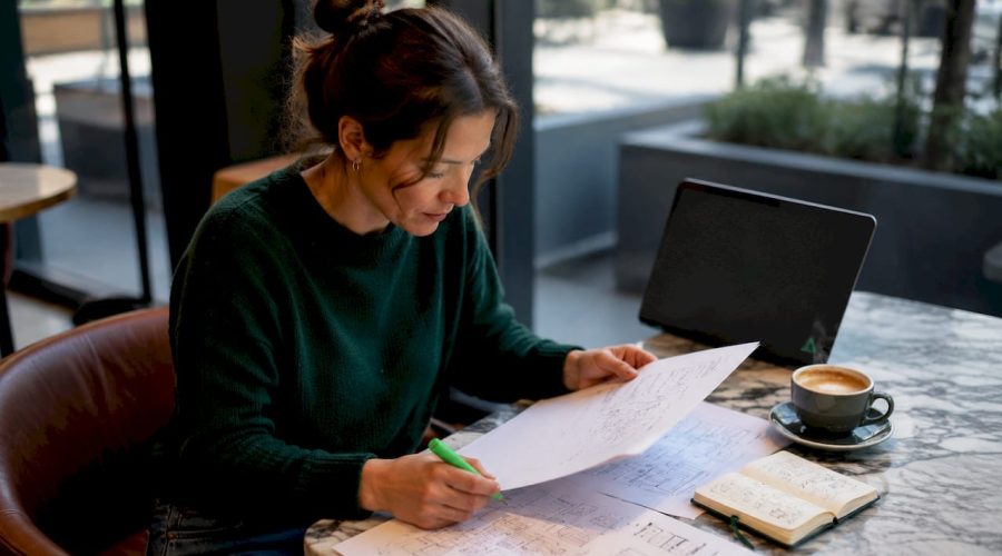 Une femme passe en revue le cahier des charges d’un projet de site internet.