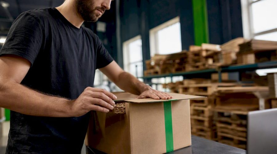 Mains emballant un colis e-commerce dans un entrepôt