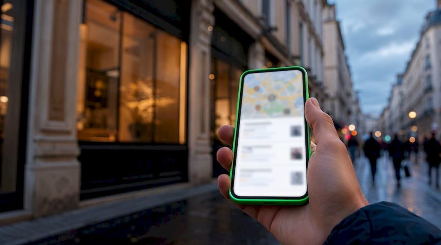 Recherche locale sur smartphone devant un commerce à Lyon