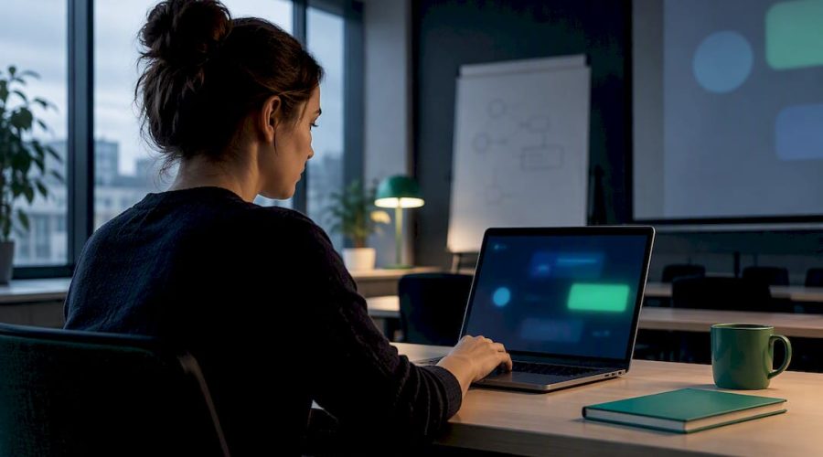 Employée utilisant un assistant interne