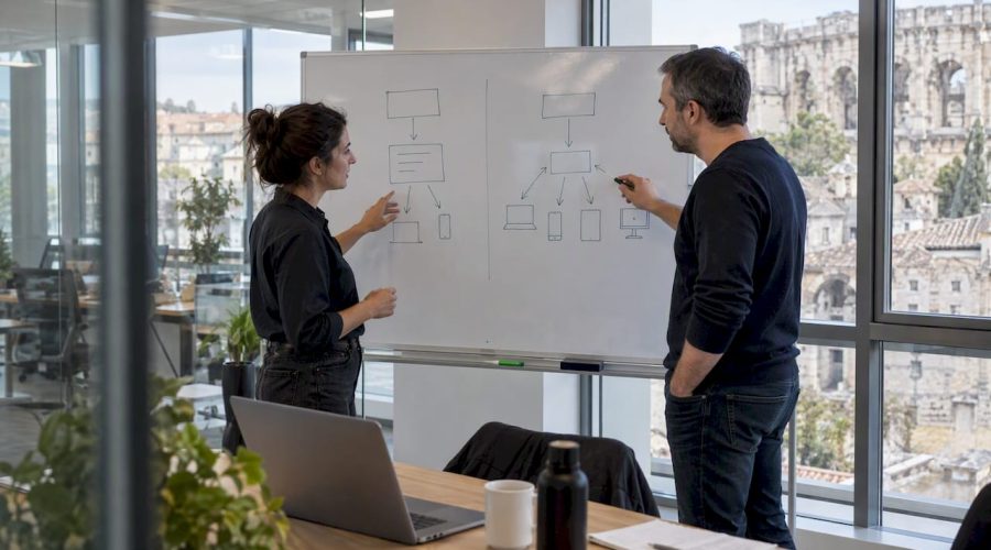 Équipe en train de comparer deux architectures de CMS