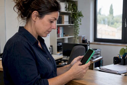 Femme dirigeante consultant son site sur smartphone