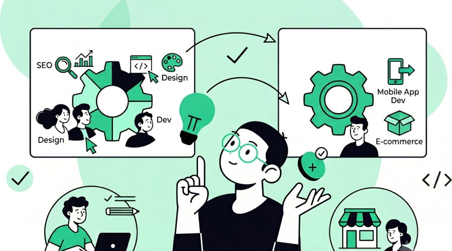 Des professionnels échangent autour d’une table sur un projet d’agence web.